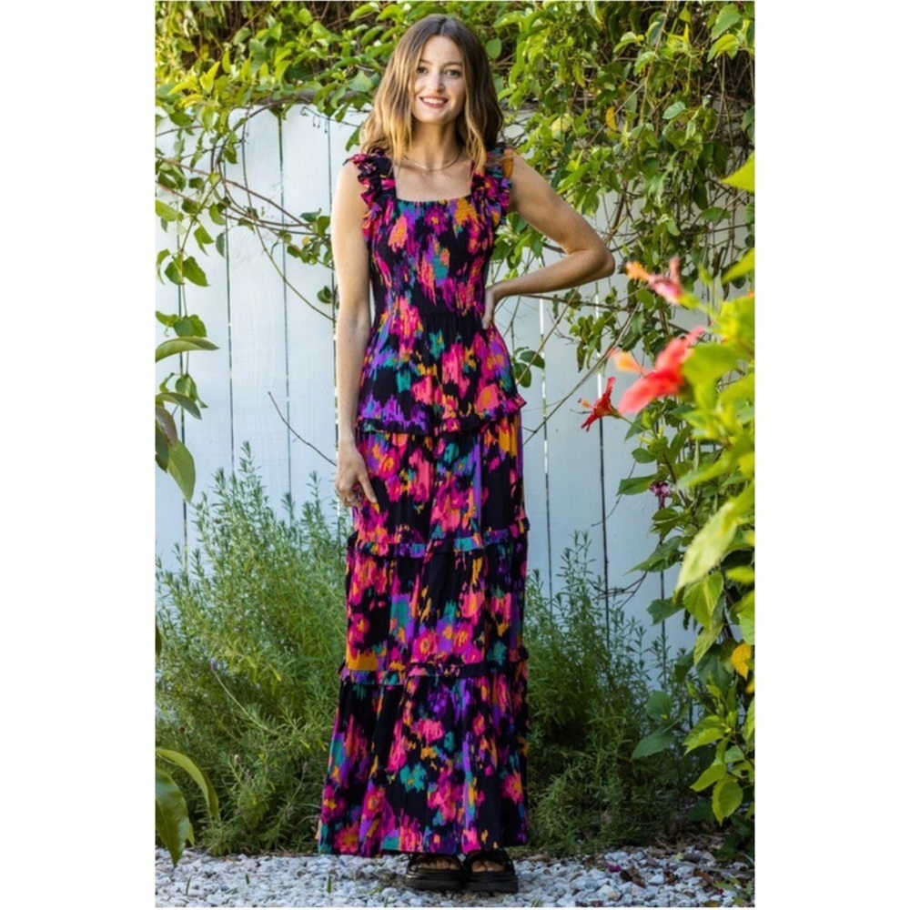 En Creme Nina Ruffle Smocked Tiered Maxi Dress Multi Color